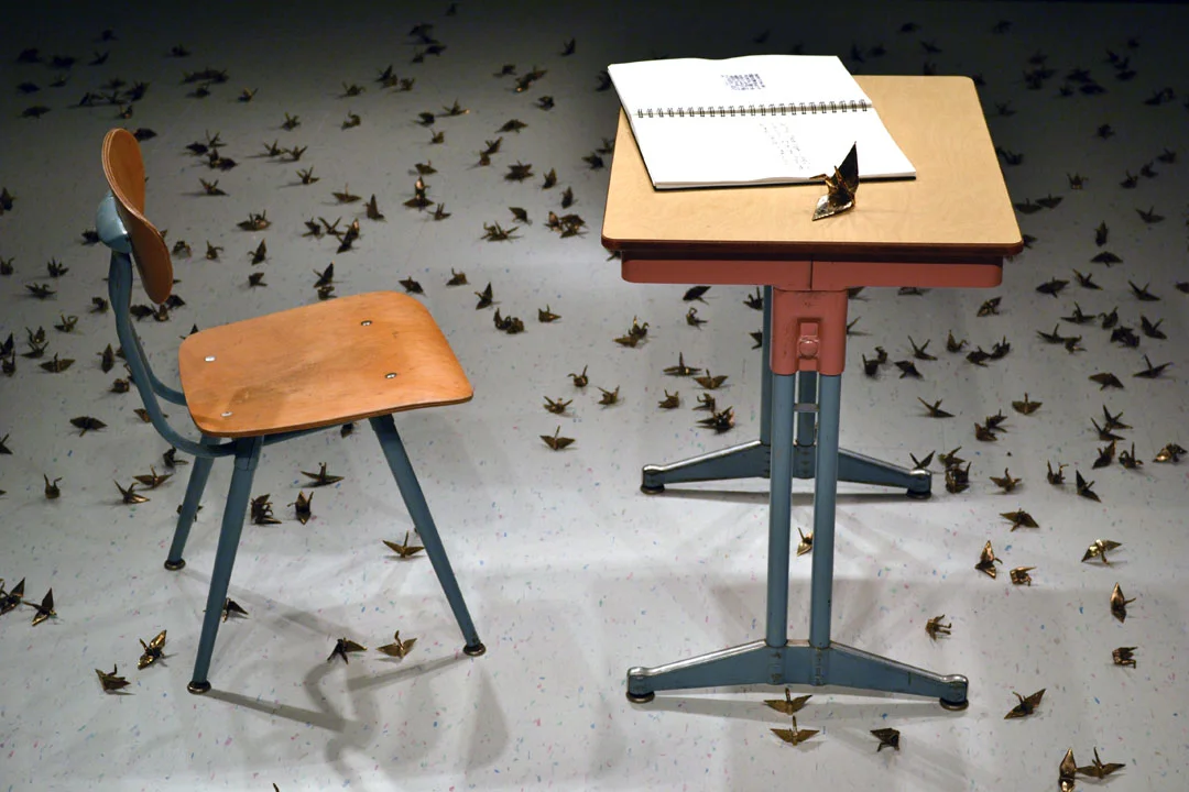 Detail "1000 Crane Project", 2016, 1000 bronze cranes, floor tiles, chair, book and desk, 20' x 20' x 38"