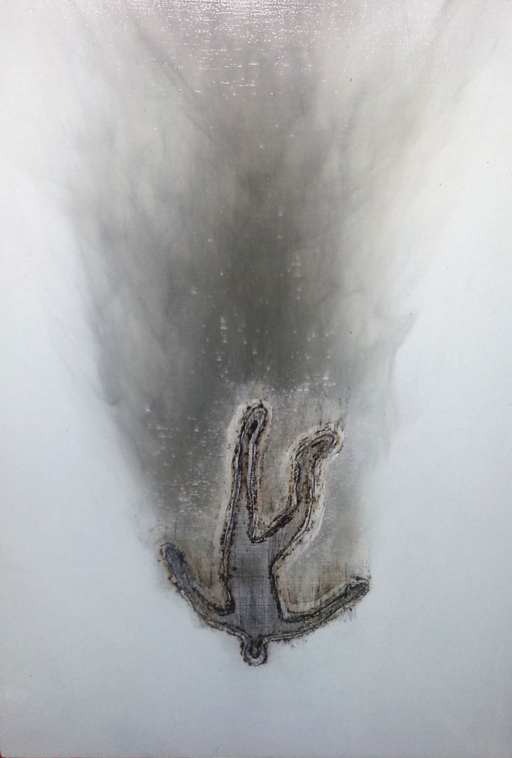 "Falling Man", 2014, acrylic, gunpowder, sawdust and adhesive on board, 14"x11"