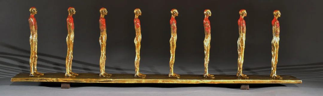 "Men in a Line Maquette #2", 2012, bronze and acrylic, 16" L, ed.4