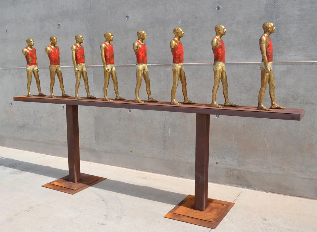 "Men in a Line", 2011, bronze, acrylic and steel, unique, 11' L