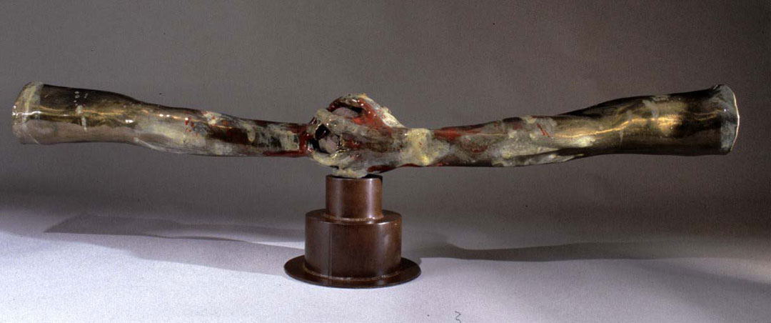 "Two Arms and a Stone #1", 2002, bronze, acrylic, steel and stone, 68" L
