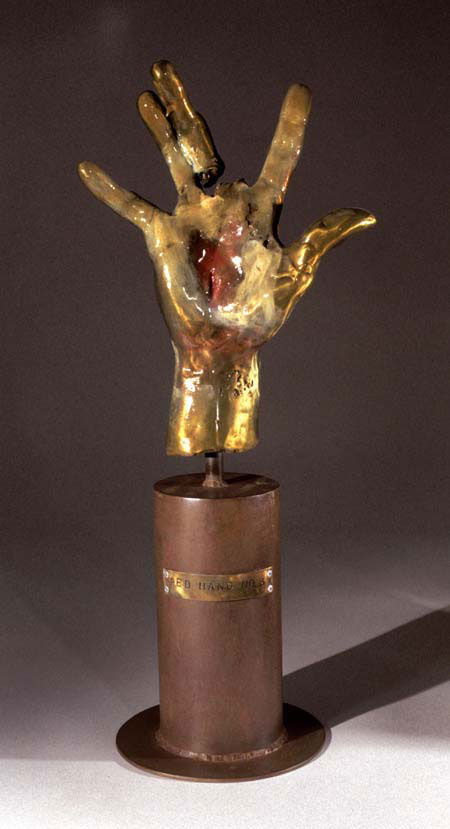 "Red Hand #3", 2002, bronze, acrylic and steel, 16" H