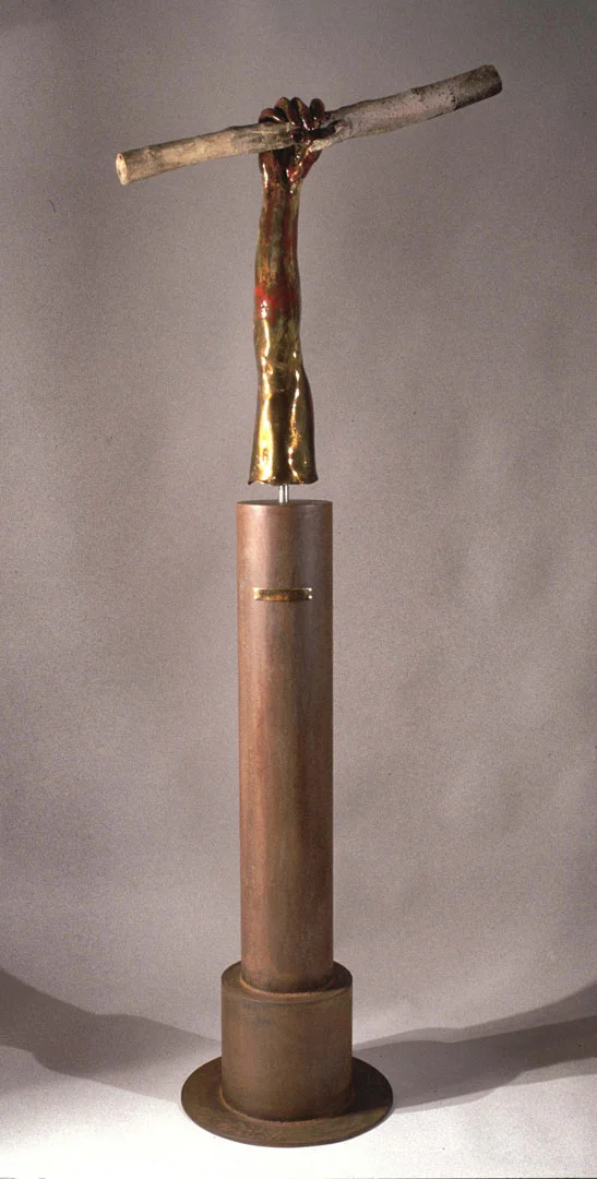 "Red Hand #8", 2001, bronze, acrylic, steel and wood, 52" H