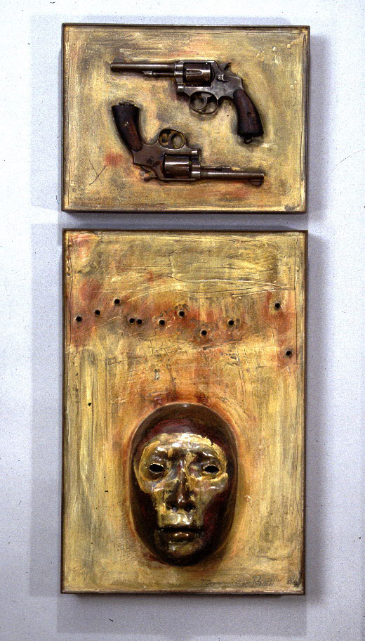 "Man with a Gun #2", bronze, acrylic, handguns, cement and steel, 18"x 40"