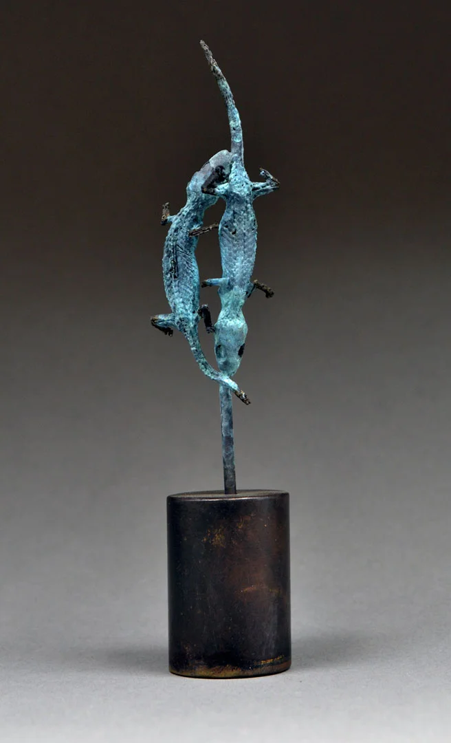 "Geckos," 2018, dried geckos, bronze, acrylic and steel, 3" H
