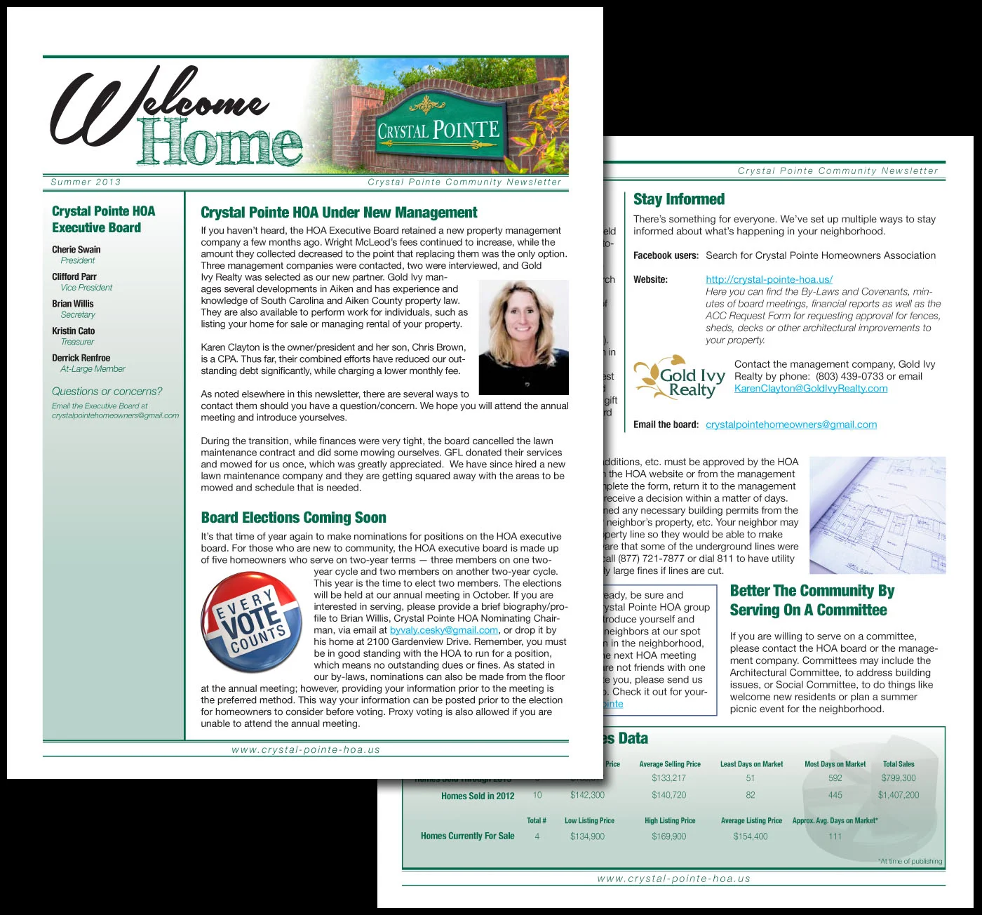 Crystal Pointe Homeowners Association, Newsletter layout