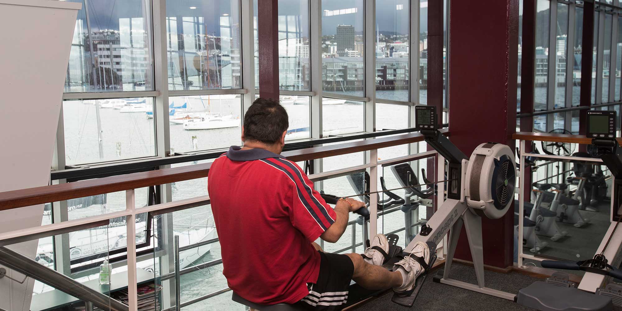 Looking at the view while using the rowing machine at Freyberg Pool & Fitness Centre.