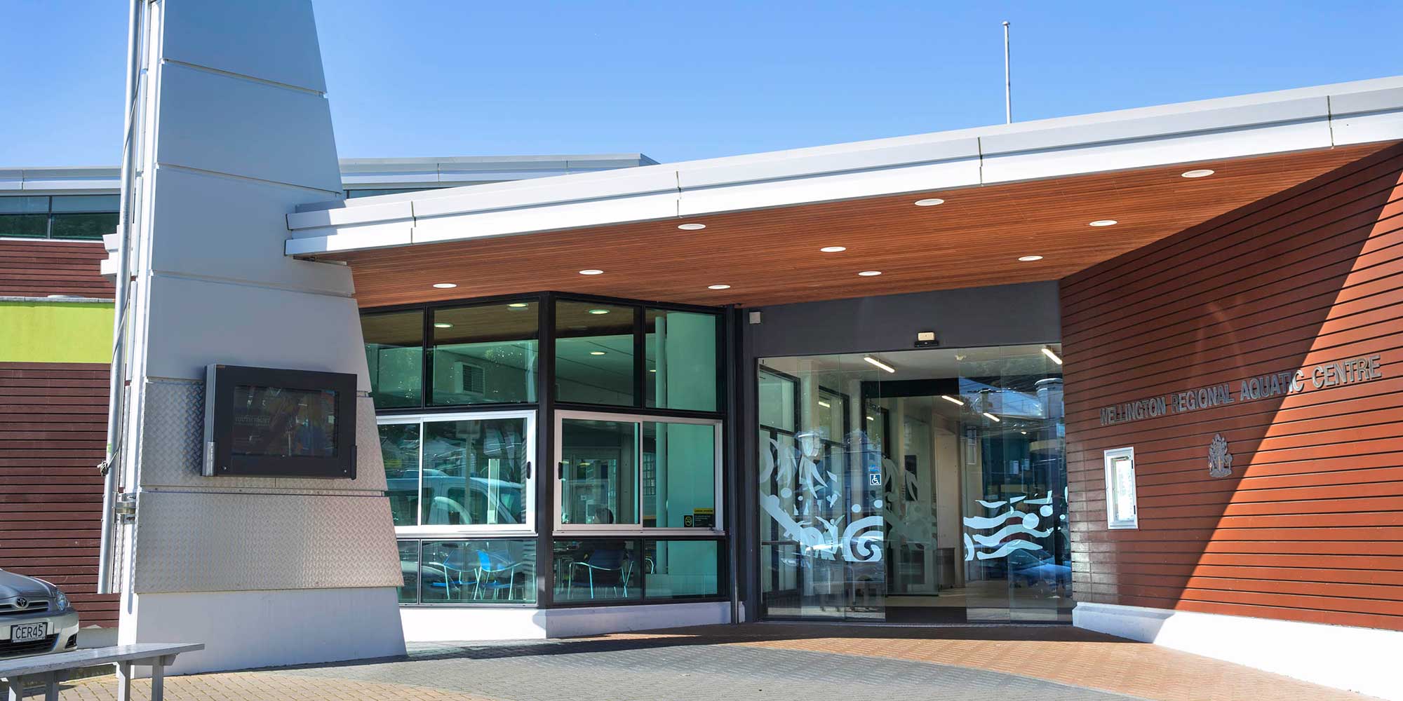 External entrance to Wellington Regional Aquatic Centre (WRAC).