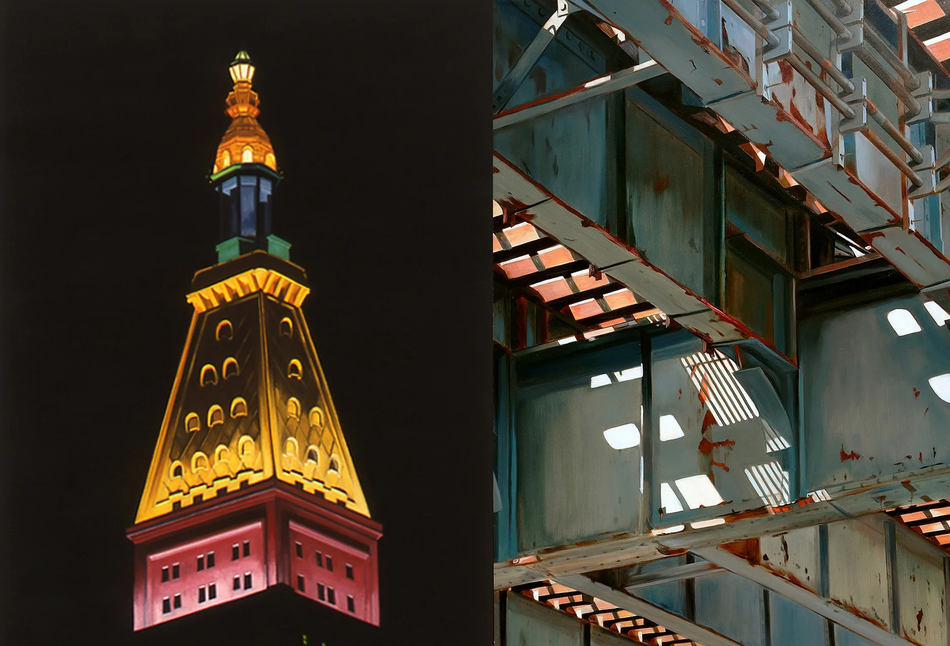 Left: Sharon Florin, Easter Bonnet (2003), Oil on canvas, 36” x 24”; Right: Allan Gorman, Z Line Zs (2017), Oil on linen, 64” x 52”