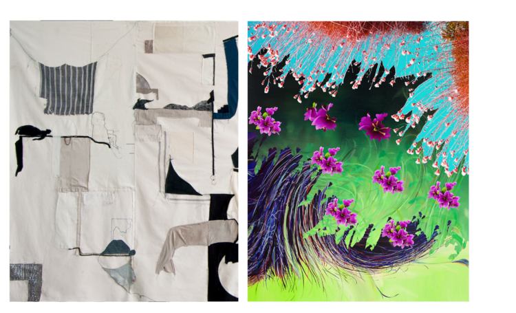 LEFT: FANNY ALLIÉ, NEW WORK FOR THE YARD GOWANUS (2019), MIXED MEDIA, 60” X 108” (DETAIL) RIGHT: KETTA IOANNIDOU, "RIVER I" (2016), ARCHIVAL PIGMENT PRINT ON PAPER, EDITION OF 5 (FRAMED), 20" X 16"