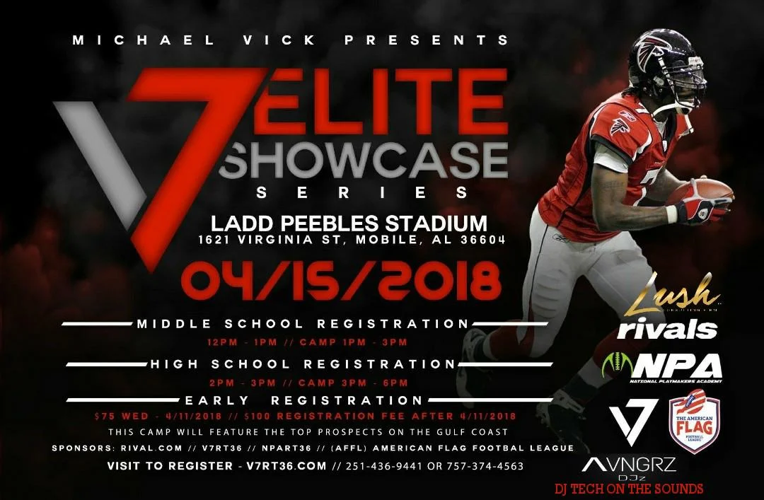Mobile, AL –The V7 Elite Playmakers Showcase Series powered by National Playmakers Academy is the premier camp destination in the South and East coast. The V7 Elite Playmakers Showcase Series provides the only camp setting where athletes will receive a combination of instruction from elite college and professional coaches and athletes, exposure to media outlets, performance evaluated by athletes and coaches amongst the Gulf Coast, access to exclusive V7 gear, and competition from elite talent nationwide.