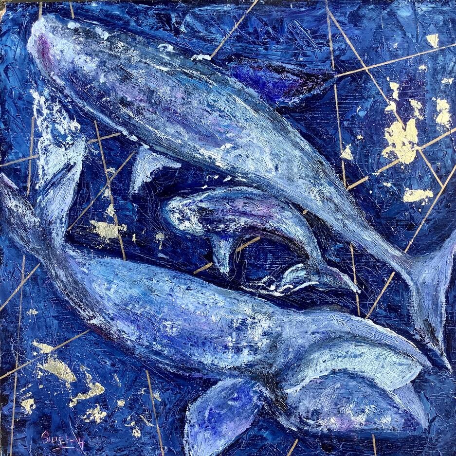 'Plight of the North Atlantic Right Whale From Above' 24"x24" mixed media on panel 