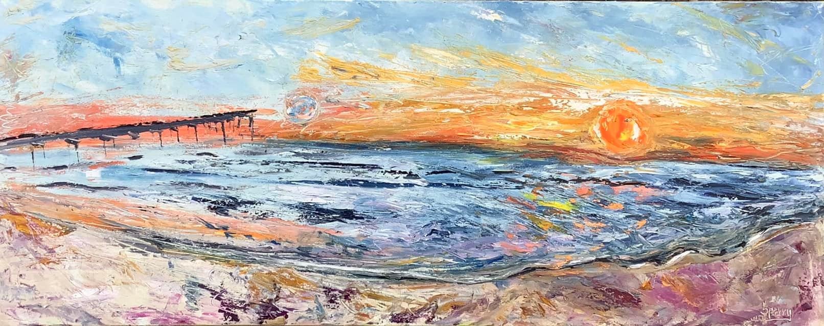 Sun, Moon & Pier 40"x16" oil