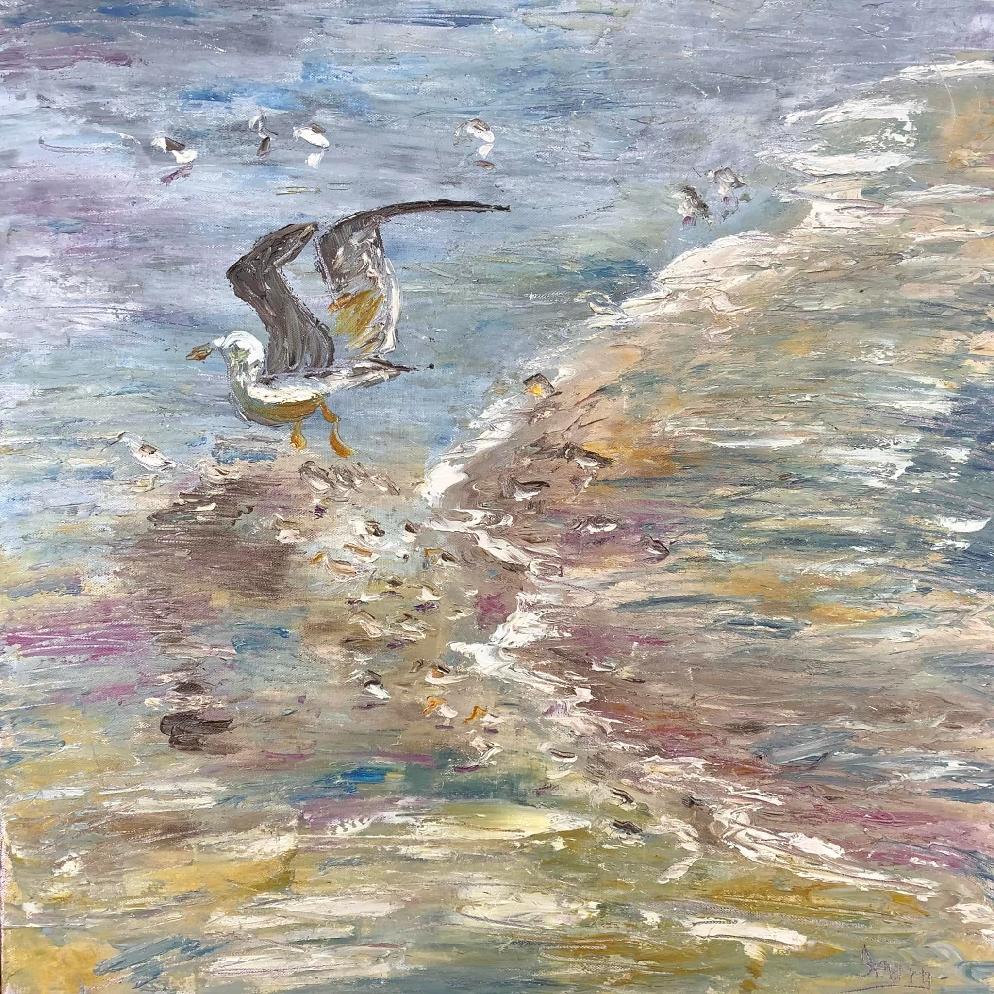 ‘Shoreline Seagull & Sand Pipers’ 30"x30” oil