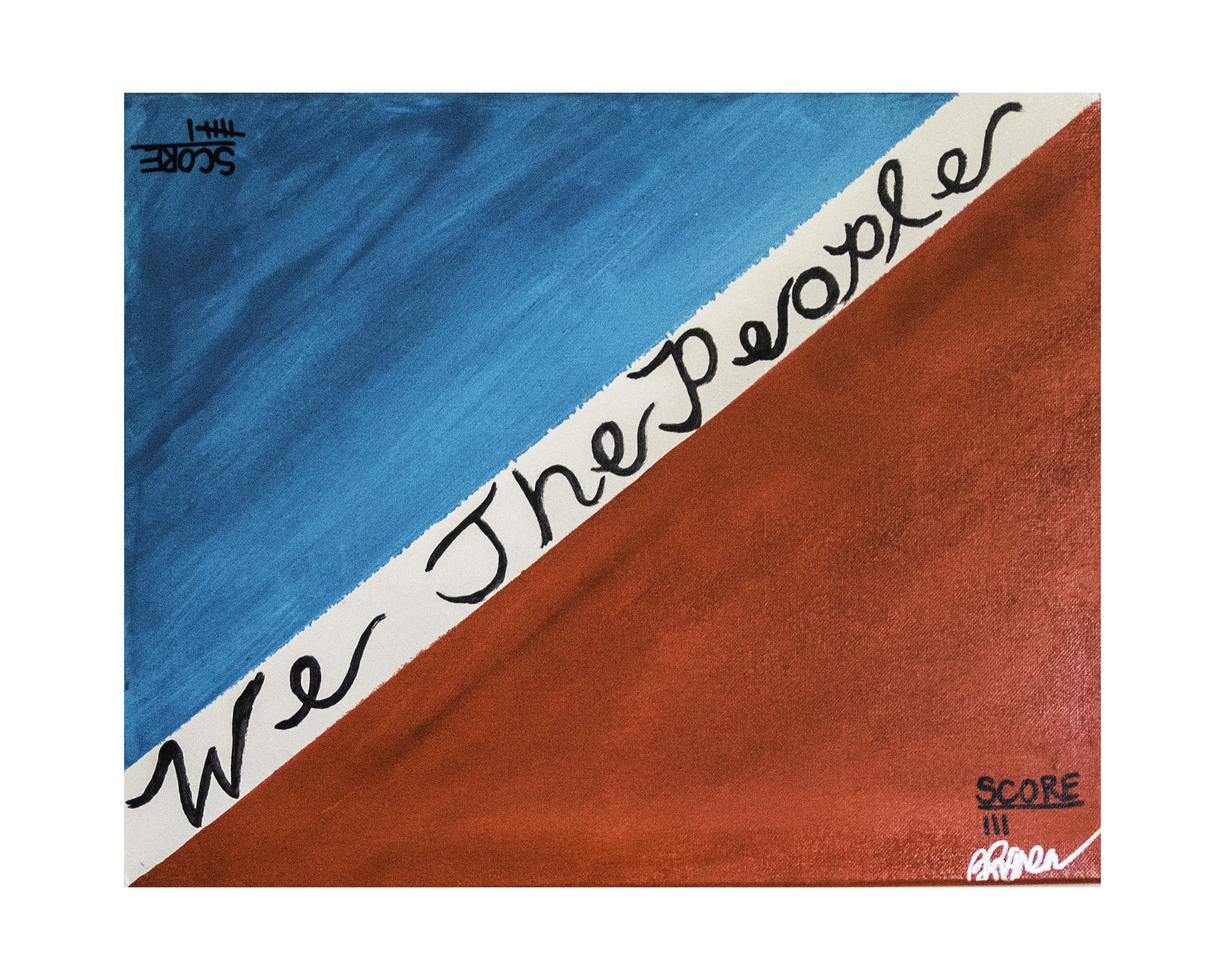   Who Wins?    Medium: Acrylic   Size: 16x20	   It feels like our democracy has devolved into a high school shouting match predicated on wins and losses. While democrat and republican parties keep score, their constituents, We The People, stuck in th
