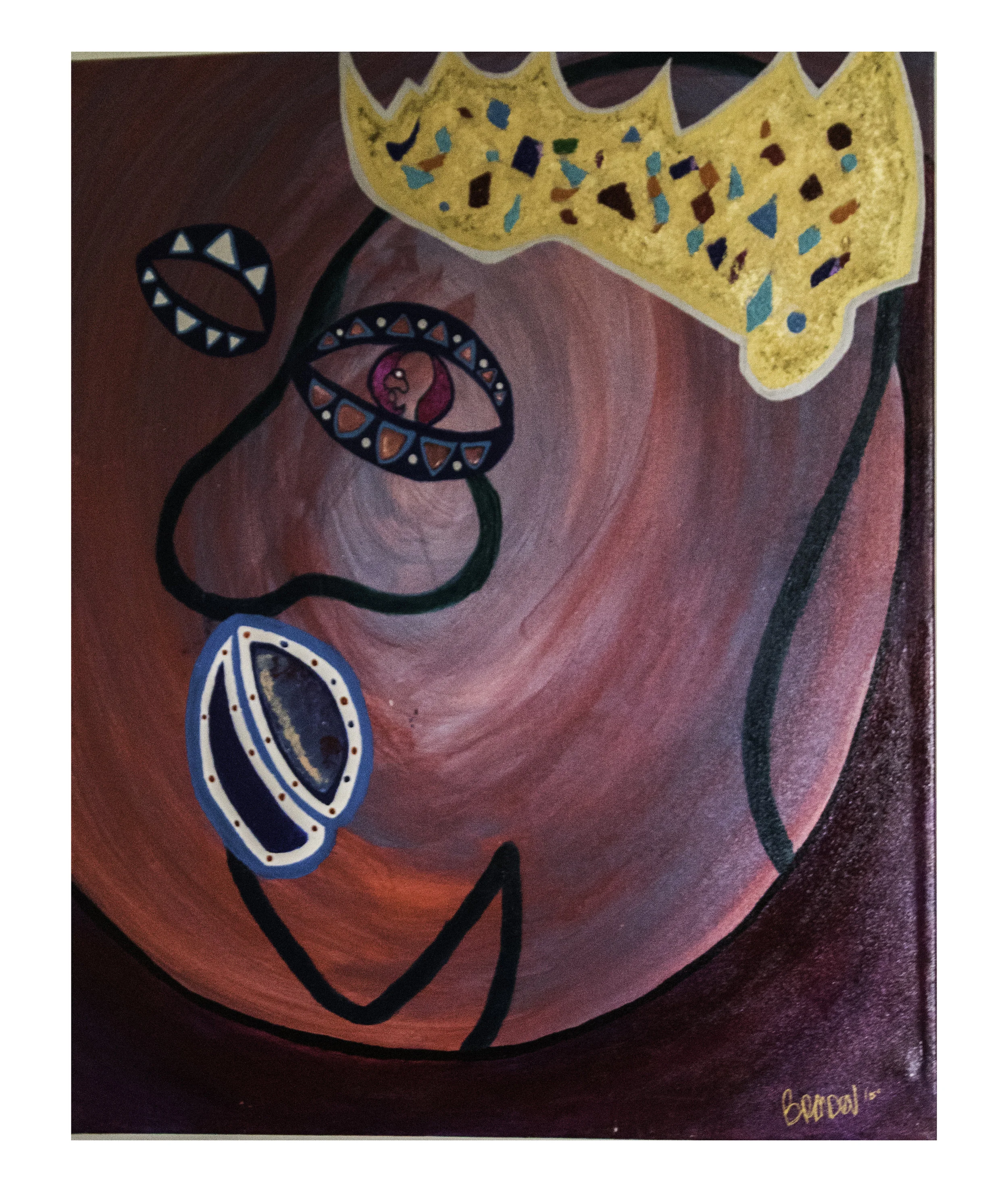   A King Remembered     Mixed media; acrylic, gold leaf   Size: 24x36   A King Remembered is an homage to my late brother Chris. He was 31 years old when he passed, but his homegoing service was filled with so many people sharing their condolences, y