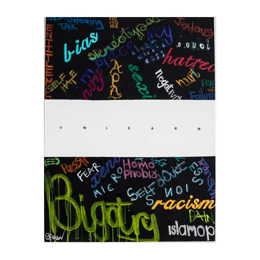  UnLearn   Medium: Acrylic, oil pastel, chalk,    Size: 30x40   We all start off life as a blank canvas, pun intended. Throughout our time we pick up habits, thoughts, ideas and a host of other things that effect how we not only view the world, but a