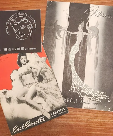 Various ephemera from the Earl Carroll Theater. Clockwise from top: a souvenir photo booklet, restaurant menu, and Vanities program with Beryl Wallace on the cover. Photo via Finding Lost Angeles (2018).