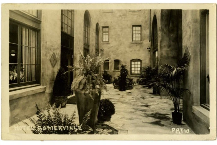 Postcard from Hotel Somerville patio via Memphis Public Library Digital Archives (c. 1920s)