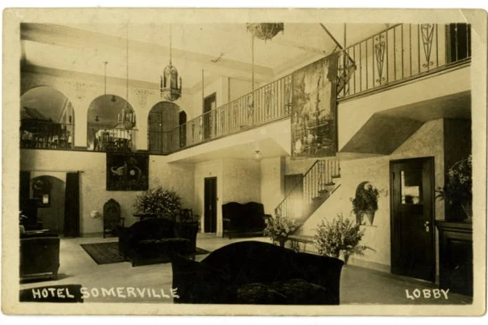 Postcard from Hotel Somerville lobby via Memphis Public Library Digital Archives (c. 1920s)