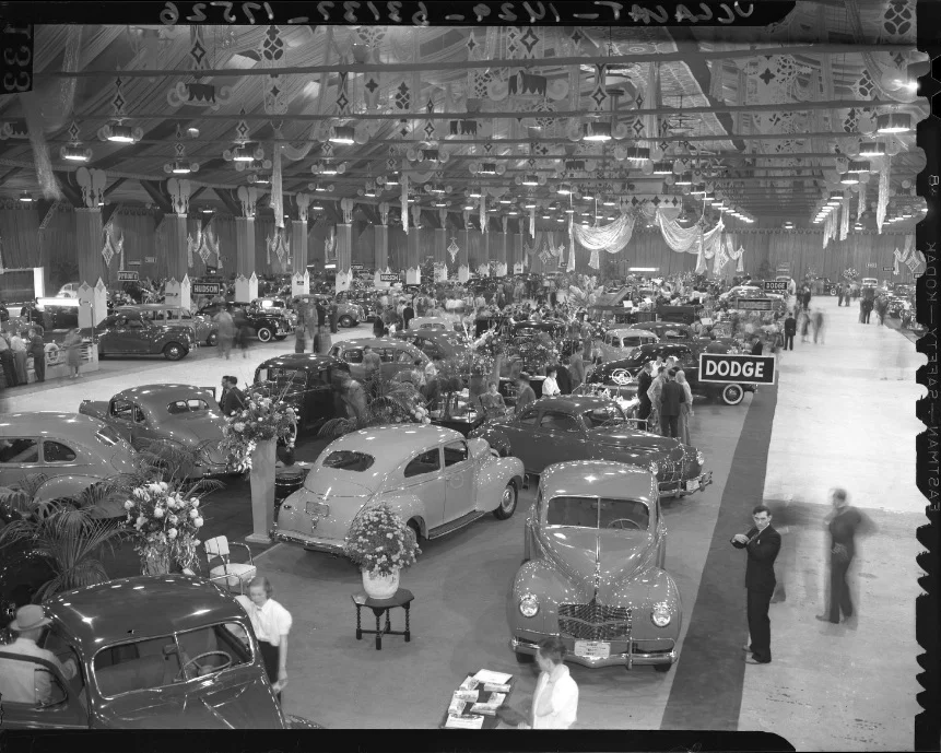 Auto Show in Pan-Pacific Auditorium. Photo from the LA Times via UCLA Library Collection (1939).