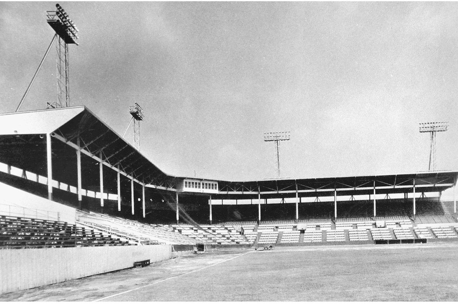 A shot of empty Gilmore Field, showing how close the fans were to the action on the field. Photo by Jerry Mezerow via The Hollywood Stars (c. 1940s).