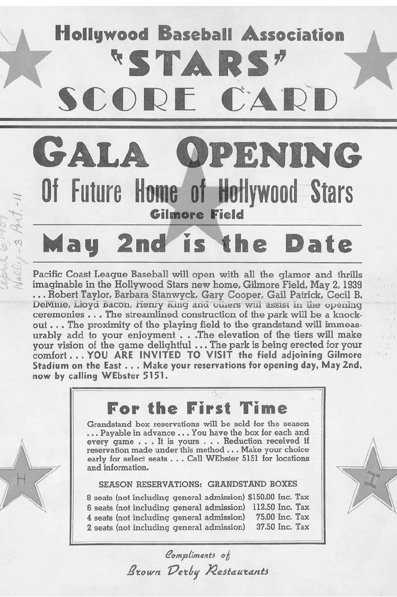 Flyer for Gilmore Field’s home opener on May 2, 1939. Photo via David Eskenazi Collection, The Hollywood Stars .