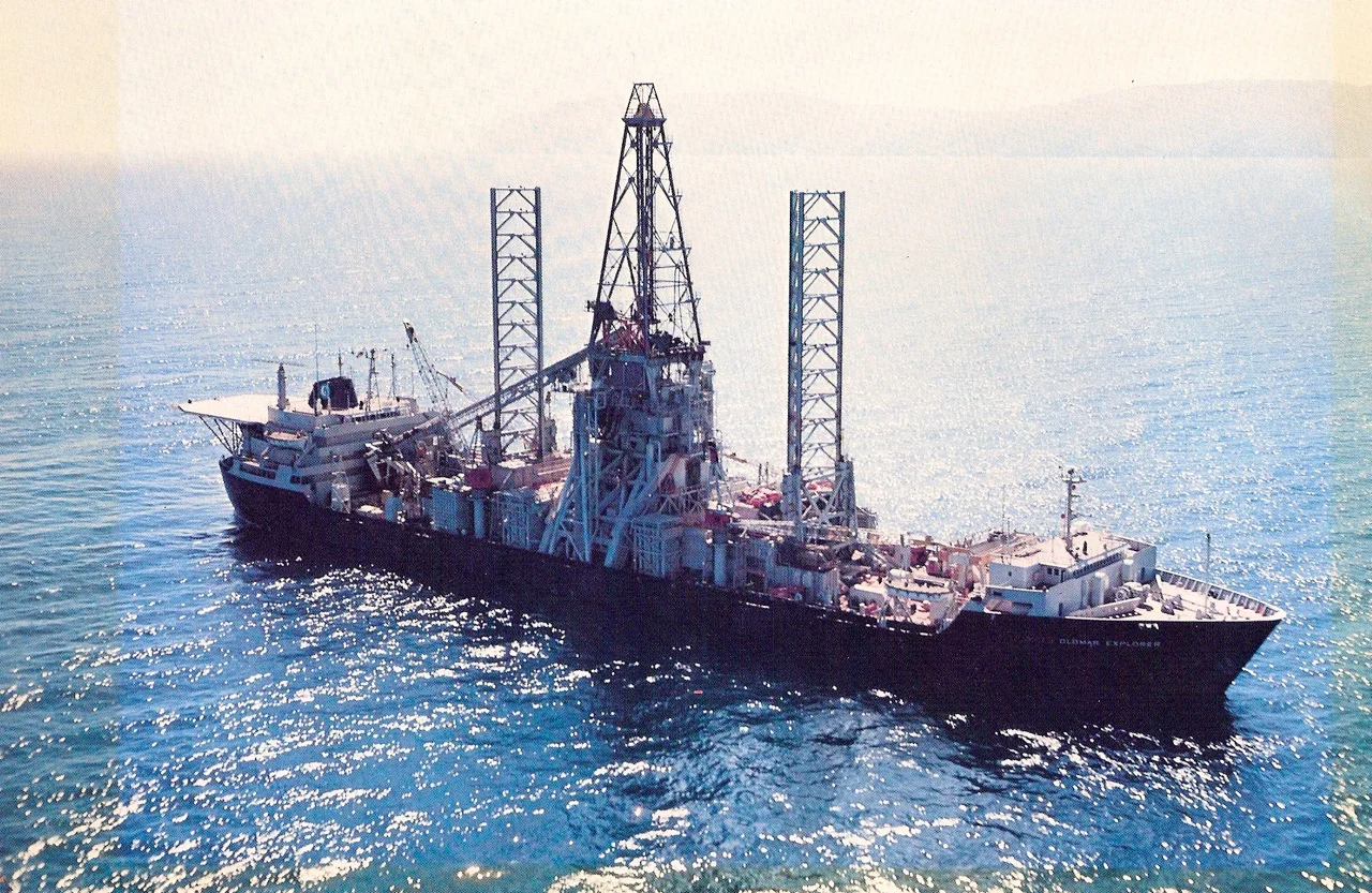 The Hughes Glomar Explorer , the ship Hughes secretly built in coordination with the CIA to recover a sunken Russian submarine. (c. 1974)