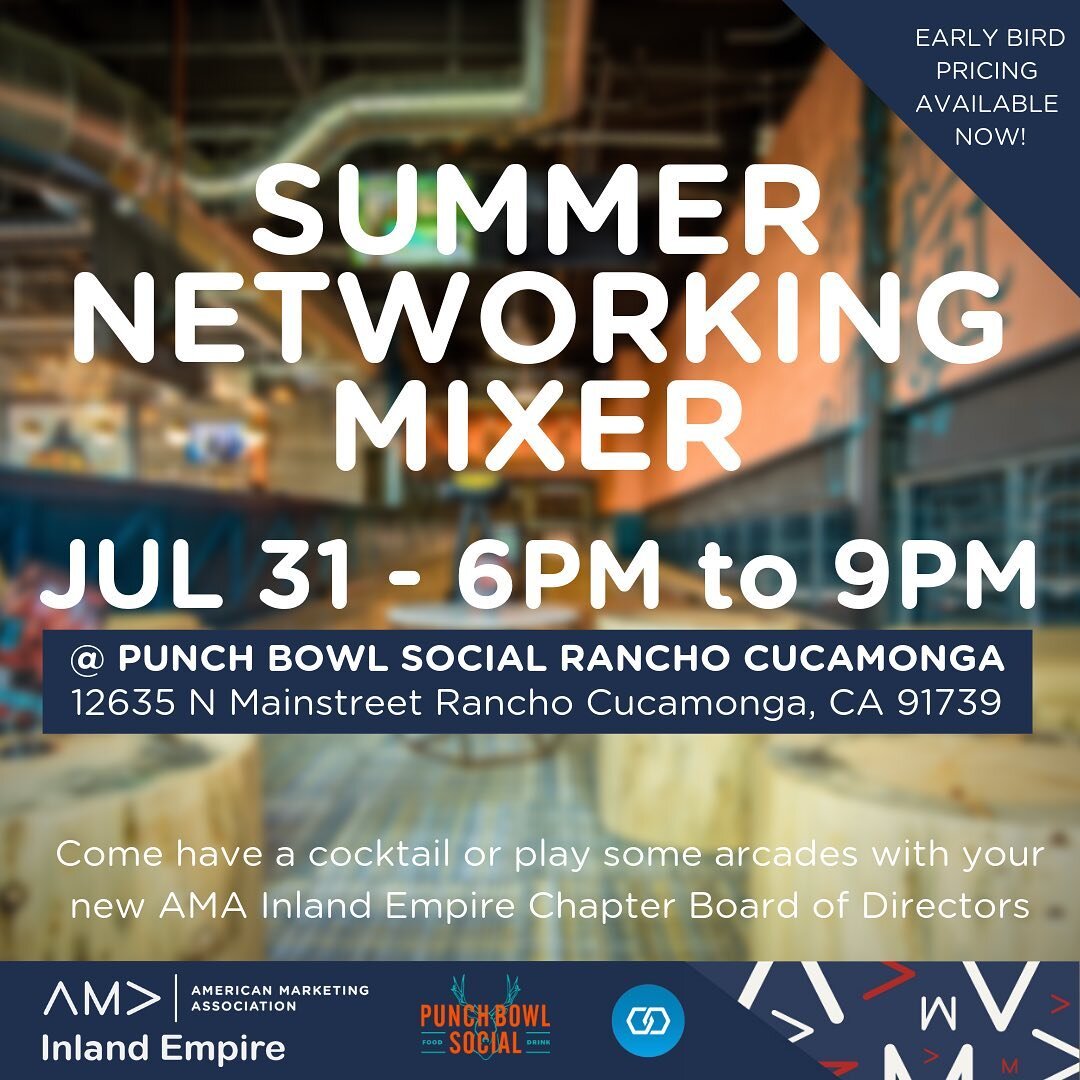SAVE THE DATE!
Join us for food and drinks at @punchbowlrancho on Wednesday,  July 31st @ 6-9pm.
-
🎳 Bowling
🎮 Arcades
🤝Networking
-
EARLY BIRD pricing now available: $24.95 (member) or $29.95 (non-member)
-
You&rsquo;ll also meet the new 2019-202
