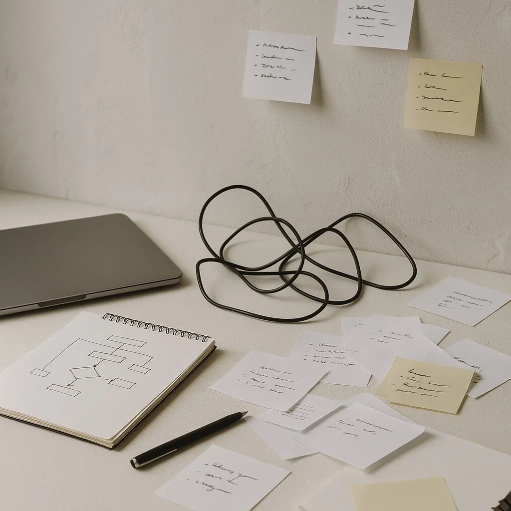 office desk scattered notes