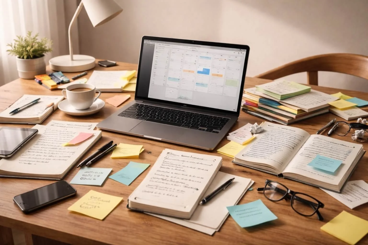 cluttered messy office work desk