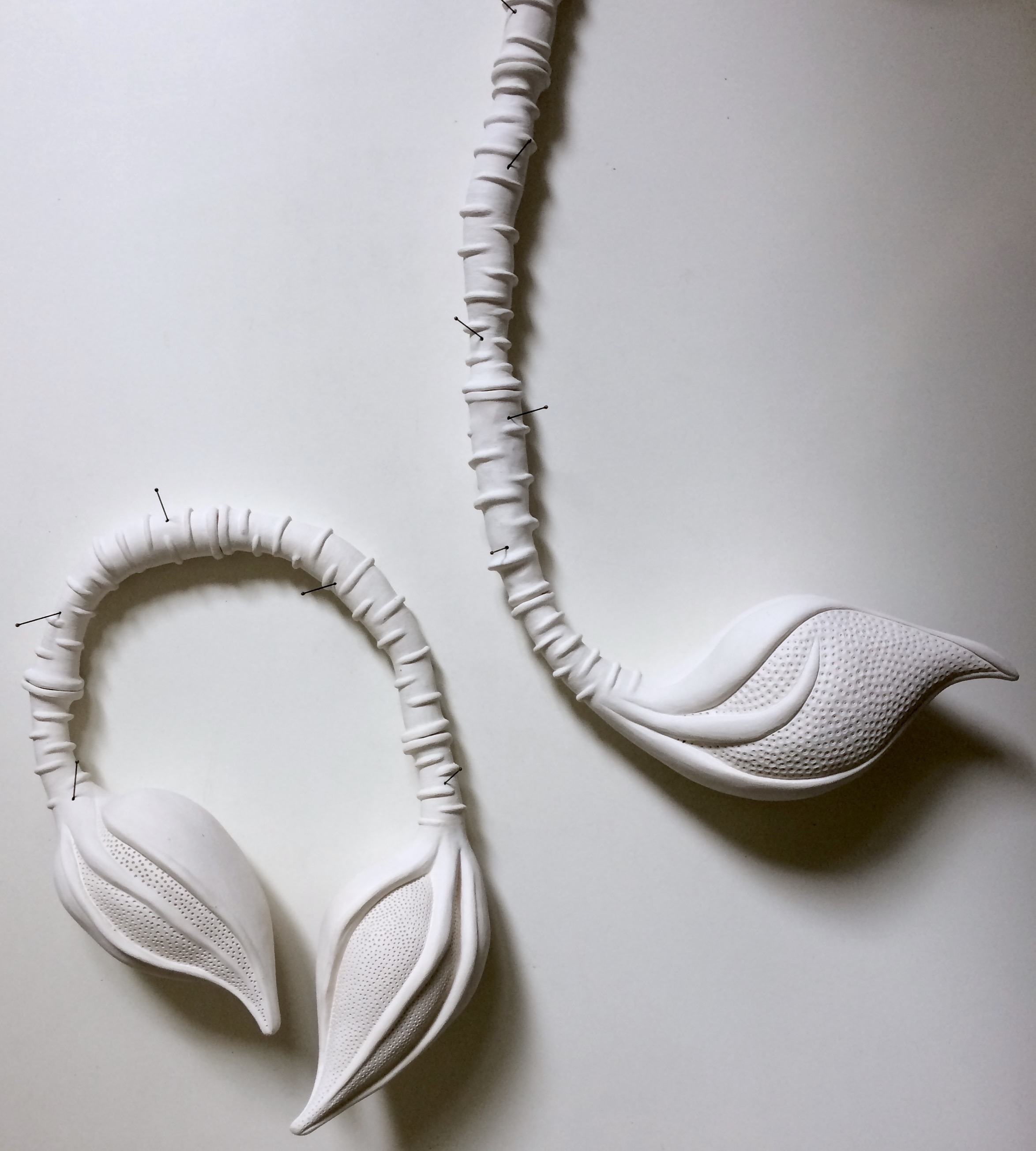 Sarah Rayner. Gynoecium . Work in progress. 2017. Hand carved porcelain with entomology pins.