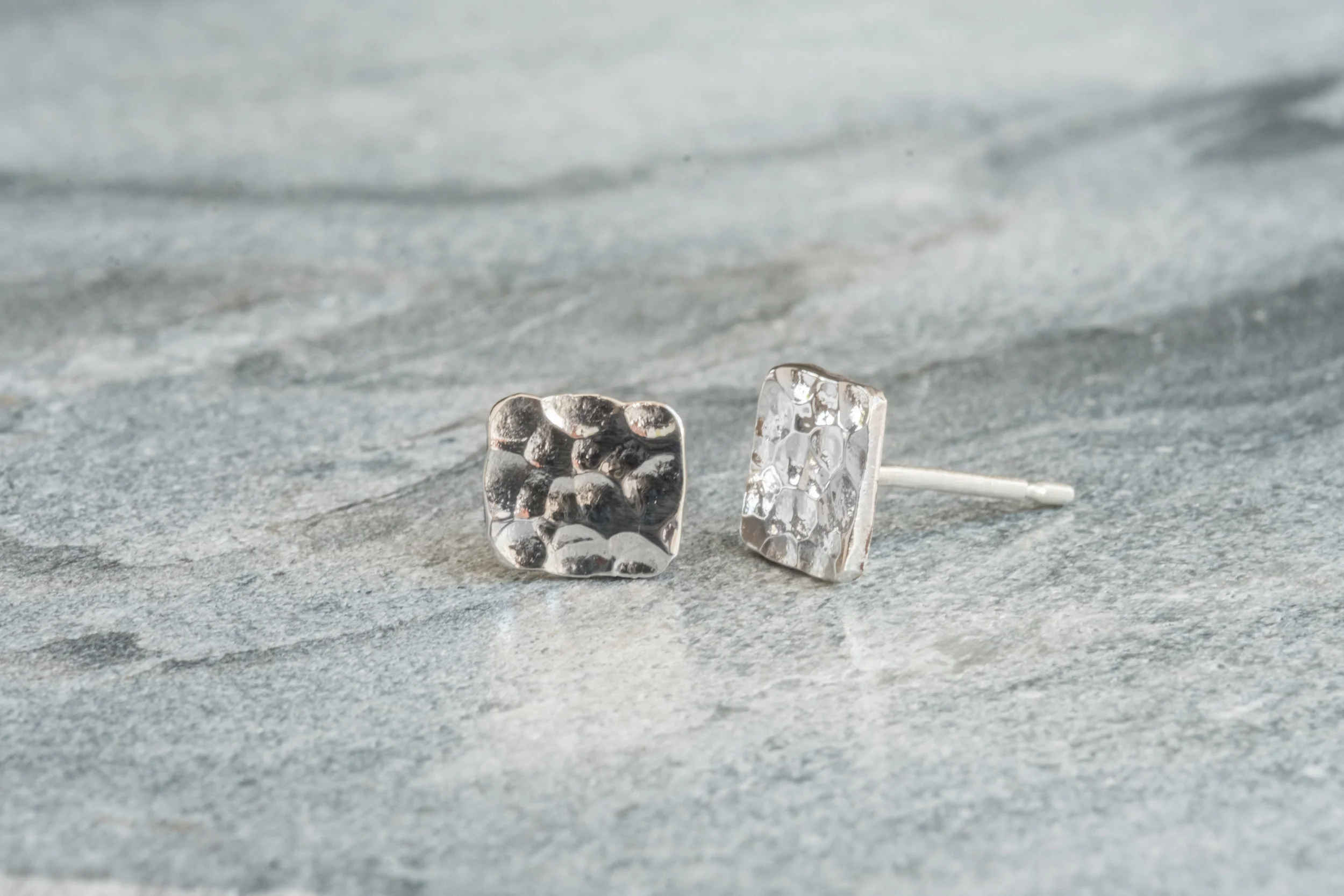 Hammered Square Silver Stud Earrings