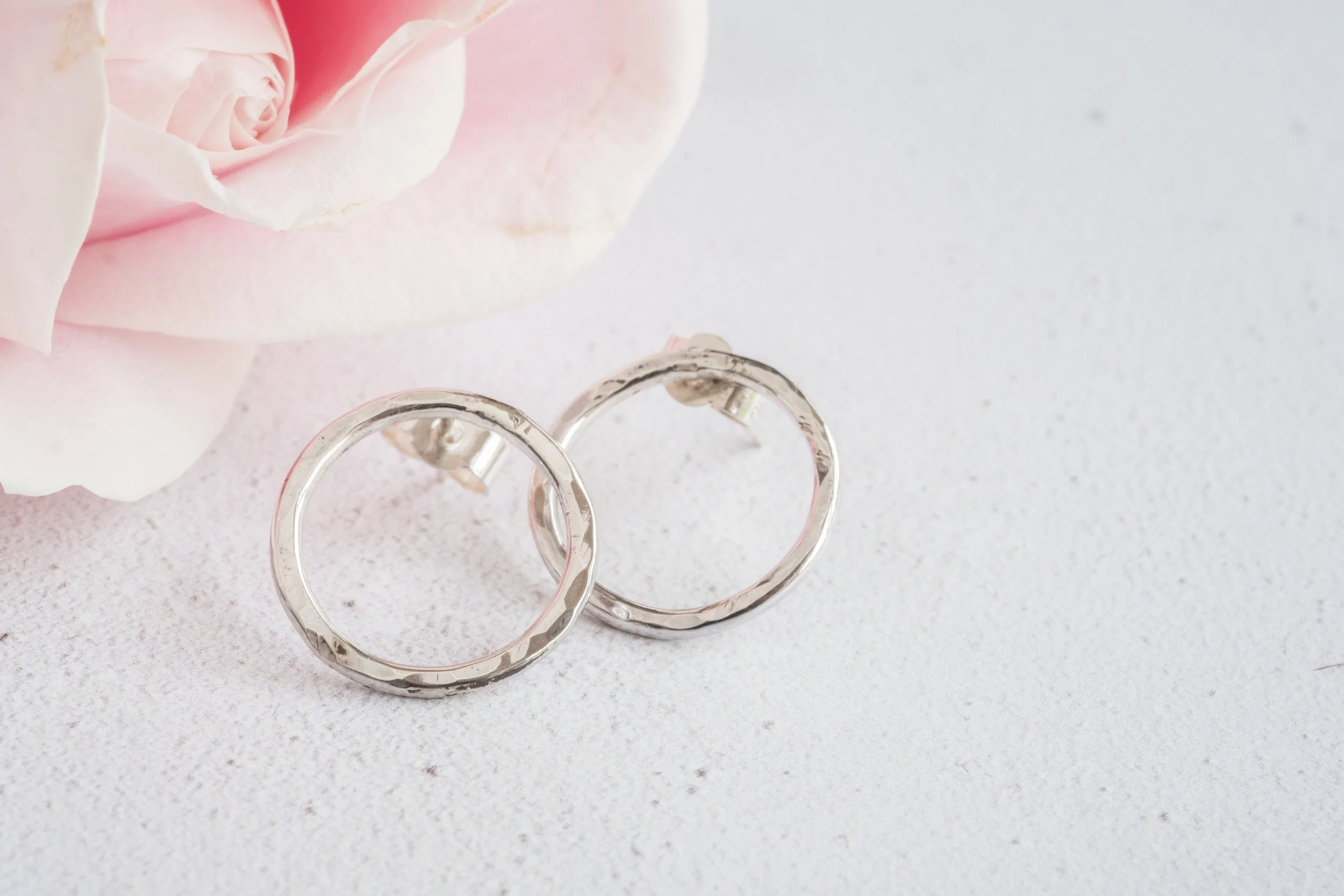 Lunar Hammered Hoop Silver Stud Earrings