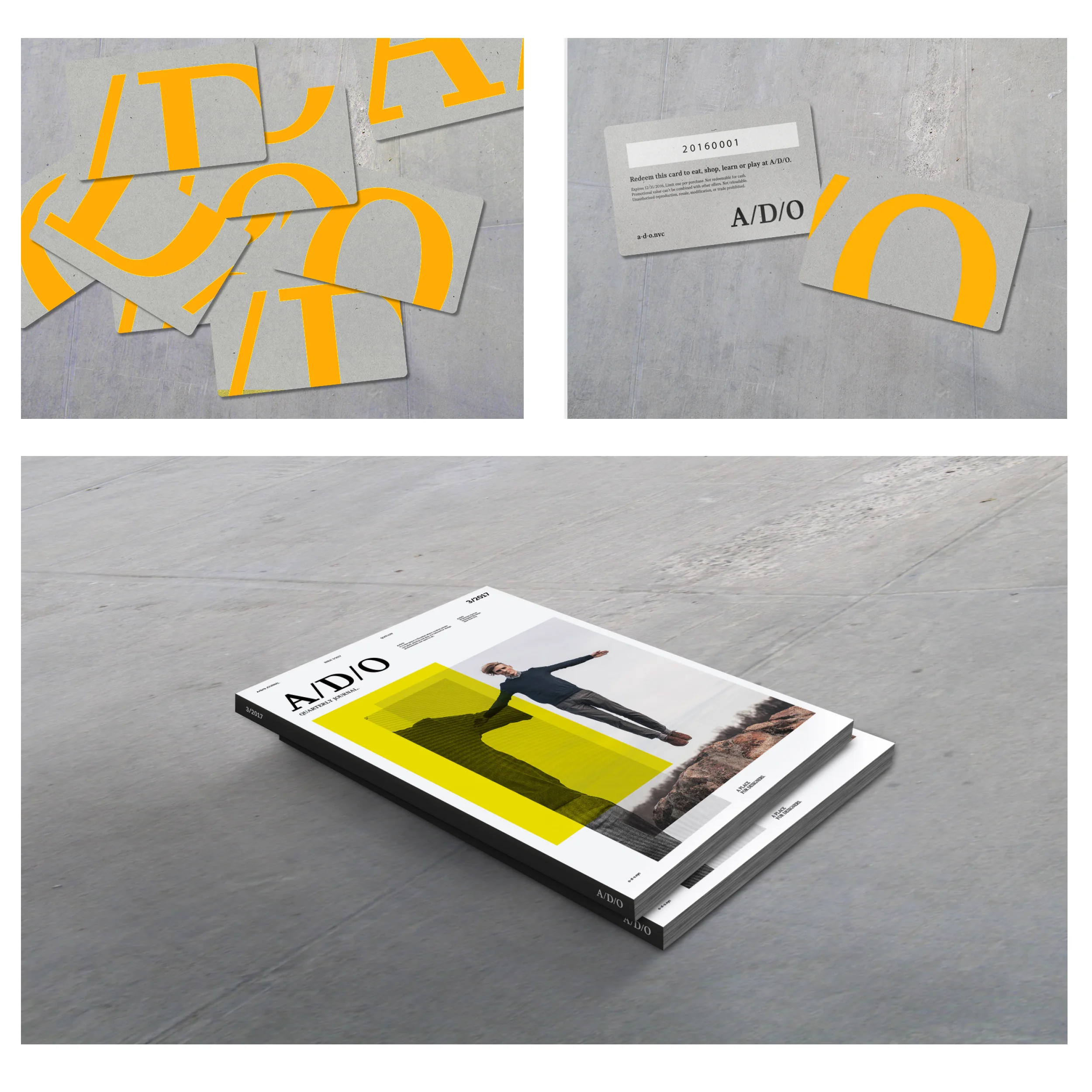 A collage showing puzzle pieces with large orange and yellow text, a plastic card with black text, and a magazine titled "A/D/O" featuring a person standing outdoors with arms stretched out, on a concrete surface.