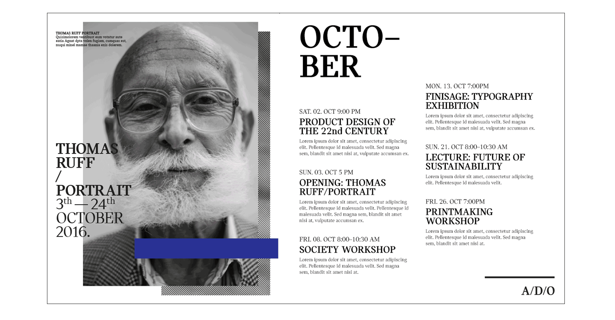 A black and white poster for an exhibition titled "Thomas Ruff Portrait" running from October 3rd to 24th, 2016. The poster features a close-up portrait of an elderly man with glasses, a beard, and a white mustache. The event includes various exhibit