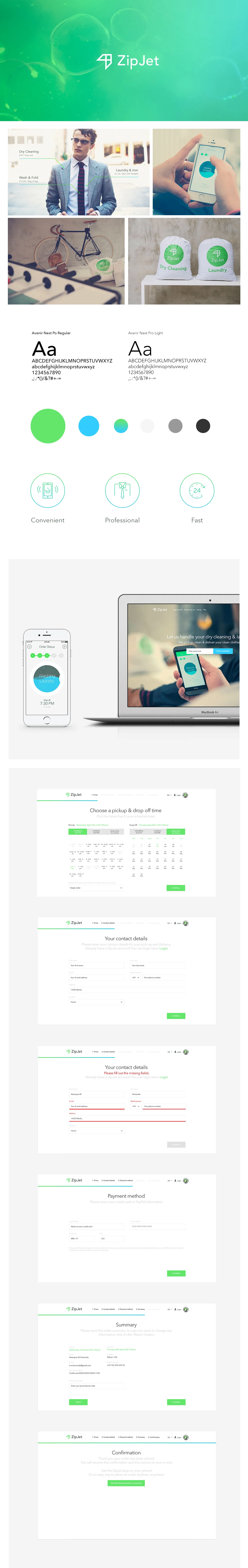 The image showcases a branding pitch for ZipJet, including a logo, typography options, color palette, and mobile app interface with booking and confirmation screens for a cleaning service.