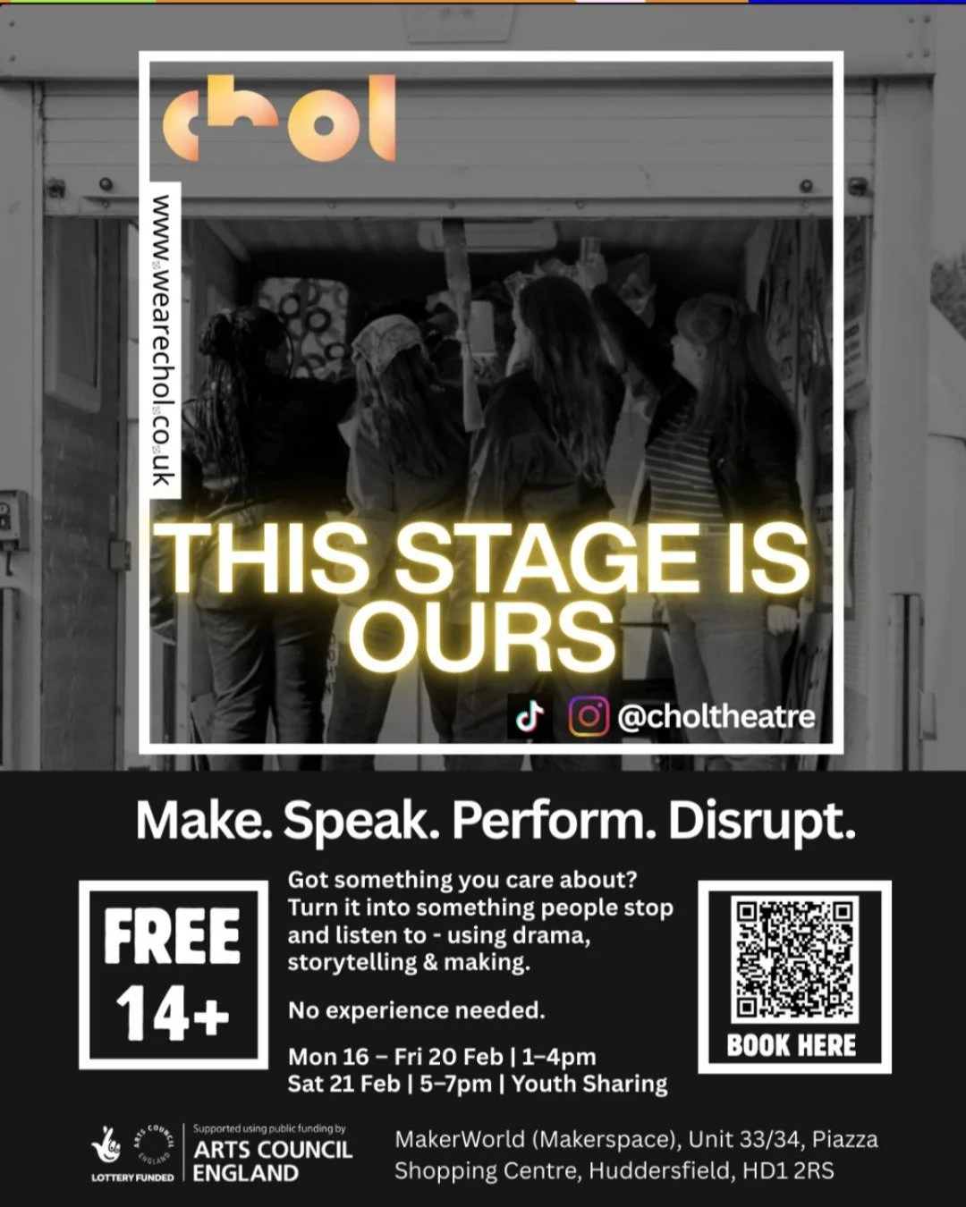 🔥 THIS STAGE IS OURS 🔥

Check out this empowering FREE creative project from @choltheatre aimed at young people 14+ in Huddersfield who&rsquo;ve got something to say.

Across a week of making, speaking and performing, participants can explore ideas