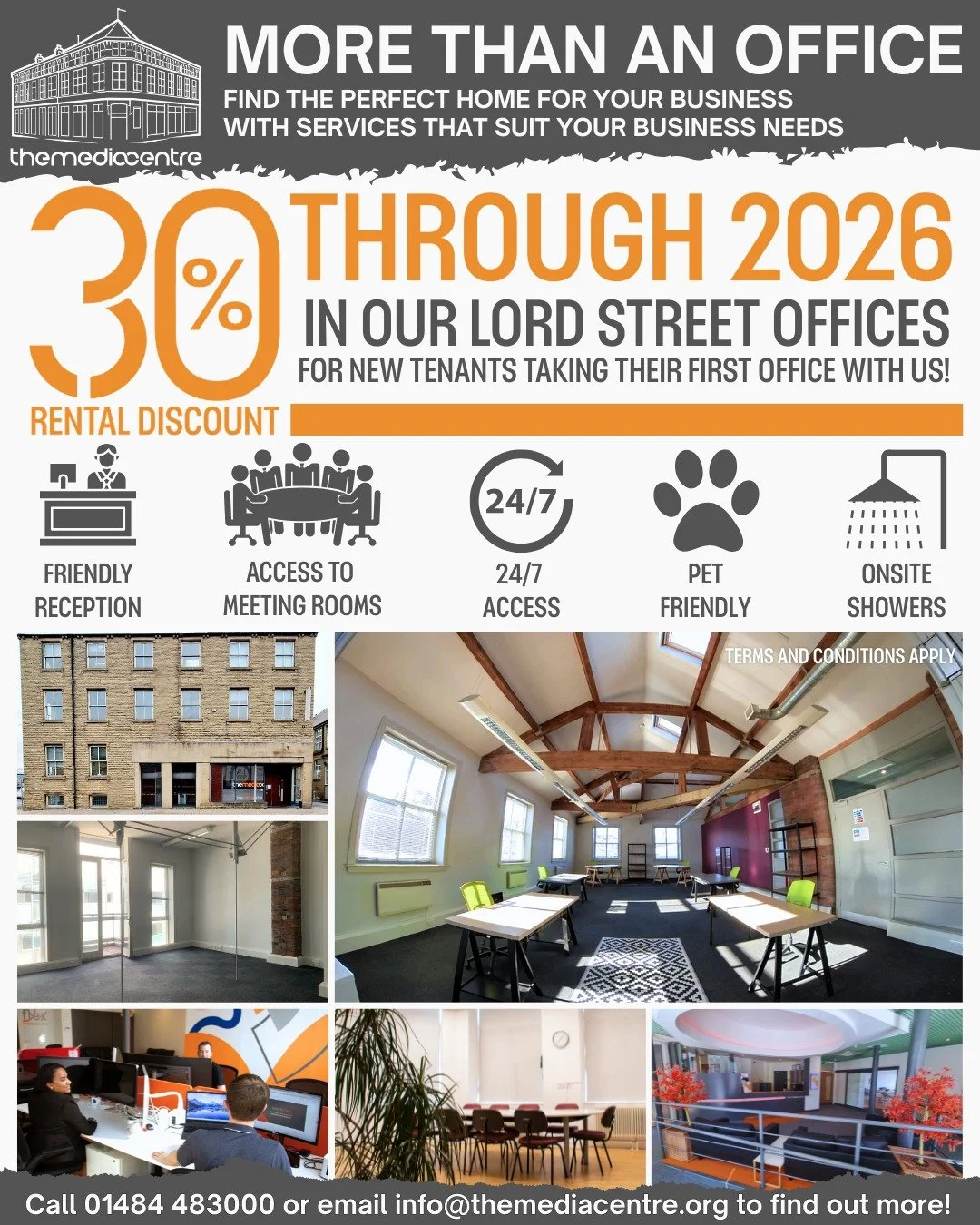 🎉 30% off rent in our Lord Street offices for 2026!

We&rsquo;re looking for local businesses to join our community, and we&rsquo;re offering 30% off rent all year in our pet-friendly offices.*

What&rsquo;s great about The Media Centre:

&bull;	Off