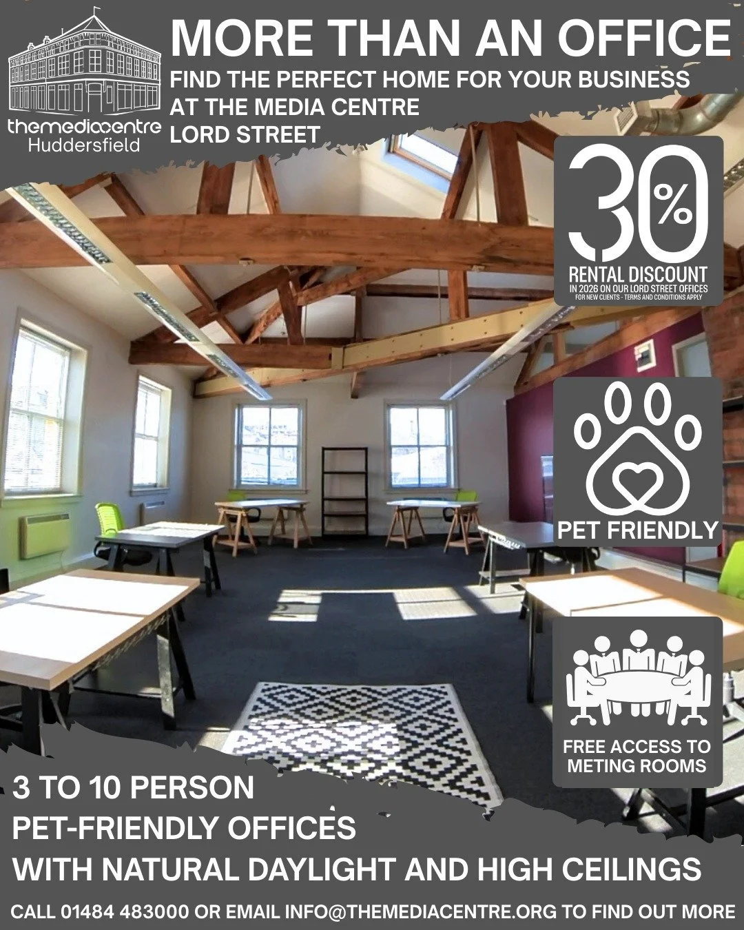 🏢 Looking for the perfect home for your business?

We&rsquo;re offering new clients a 30% rental discount in 2026* at our pet-friendly Lord Street offices 🐾

When you take an office at The Media Centre you also get:
✨ Free access to meeting rooms*
