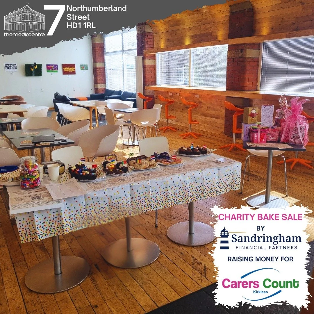 ✨🍰 Charity Bake Sale at The Media Centre 🍰✨

Sandringham Financial Partners are hosting an Around the World Bake Sale today to raise money for @carerscountkirklees 

There are plenty of delicious baked treats, along with chances to win fantastic pr