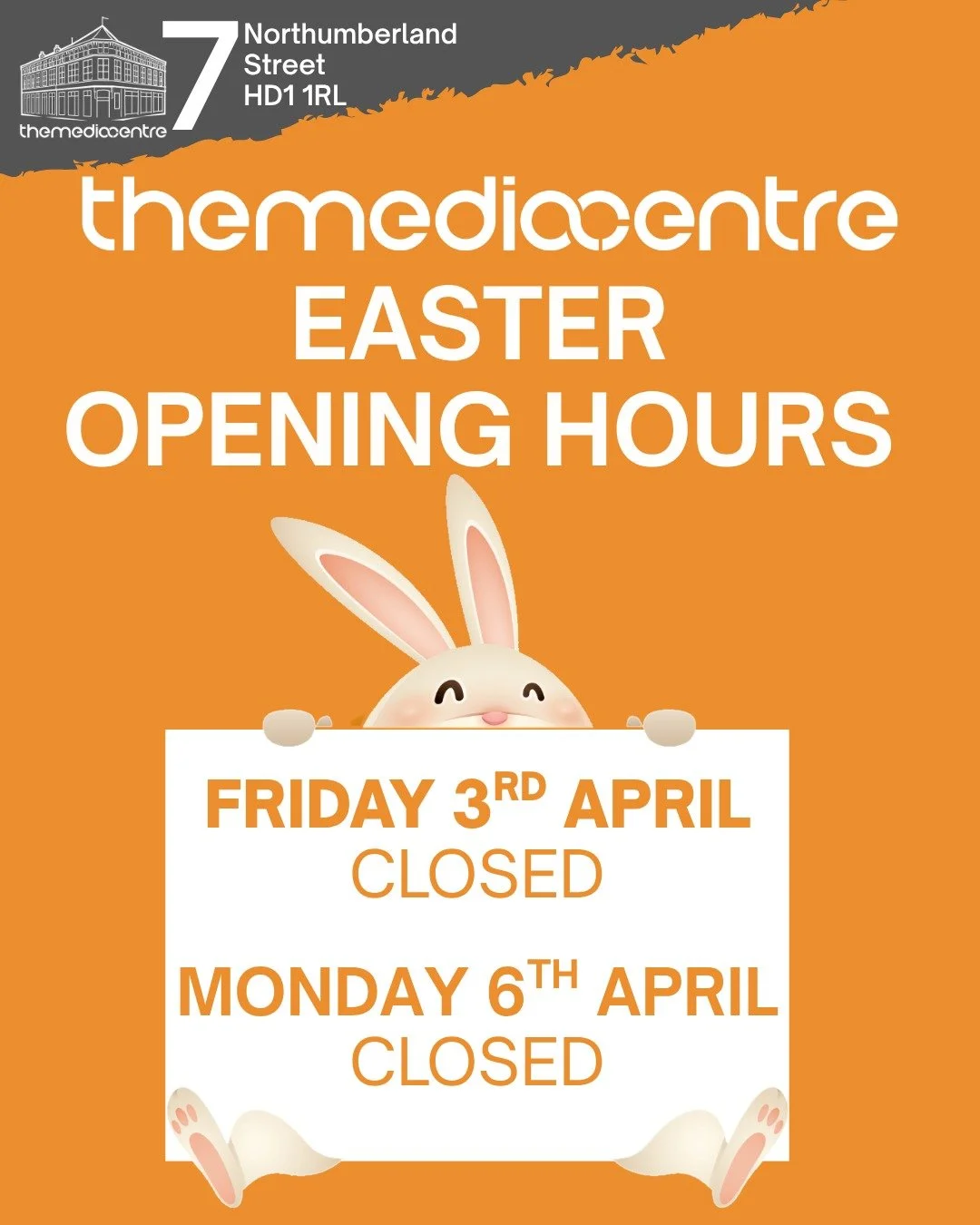Not long now until the long bank holiday weekend.

With this in mind we wanted to share our Easter opening hours.

We hope you all have lovely plans for the weekend!

#themediacentre #easter #easteropening #huddersfield