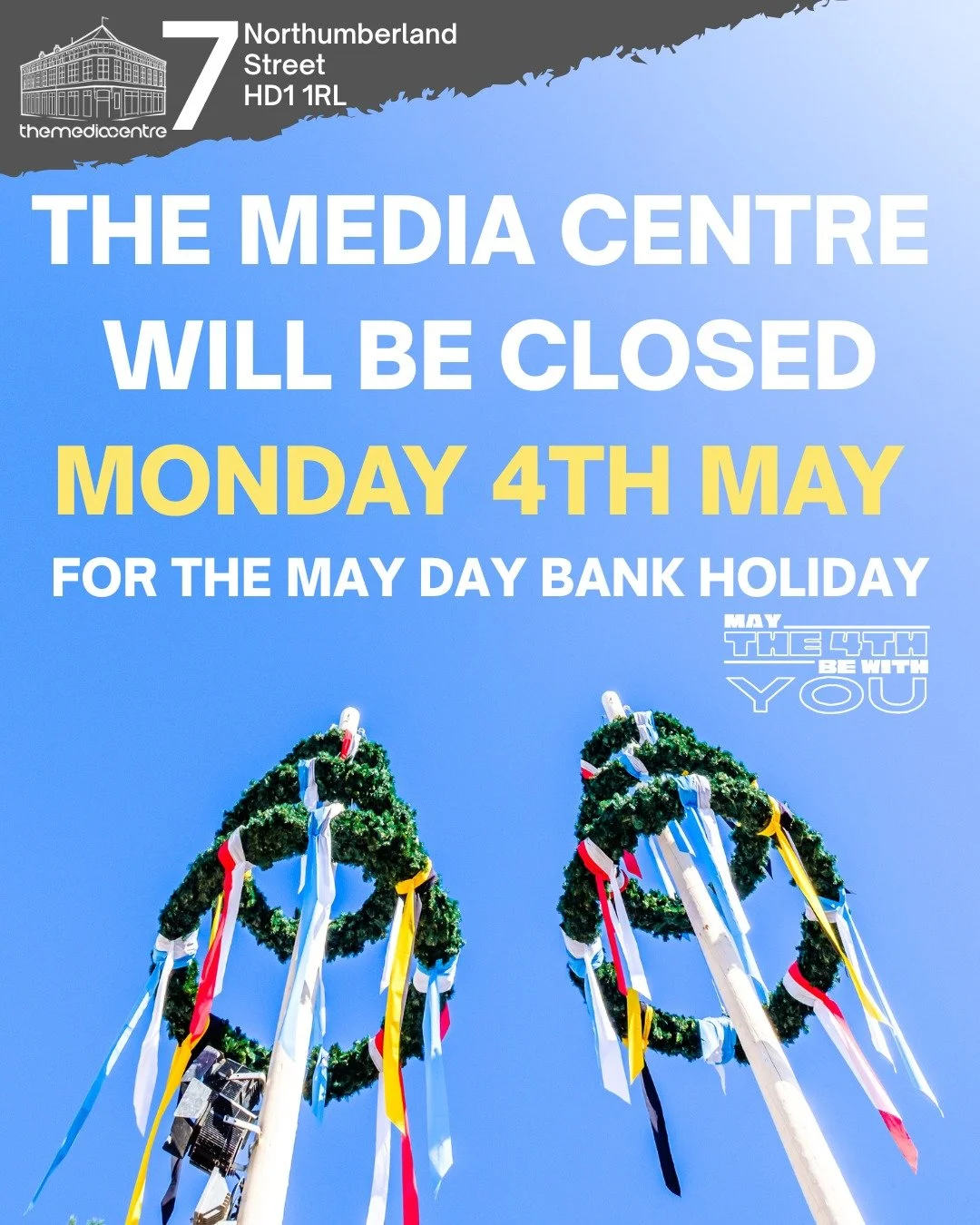 The Media Centre will be closed on Monday, 4th May, for the May Day Bank Holiday

We&rsquo;ve got our fingers crossed that the weather today decides to stick around for the long weekend!

#mayday #themediacentre #huddersfield