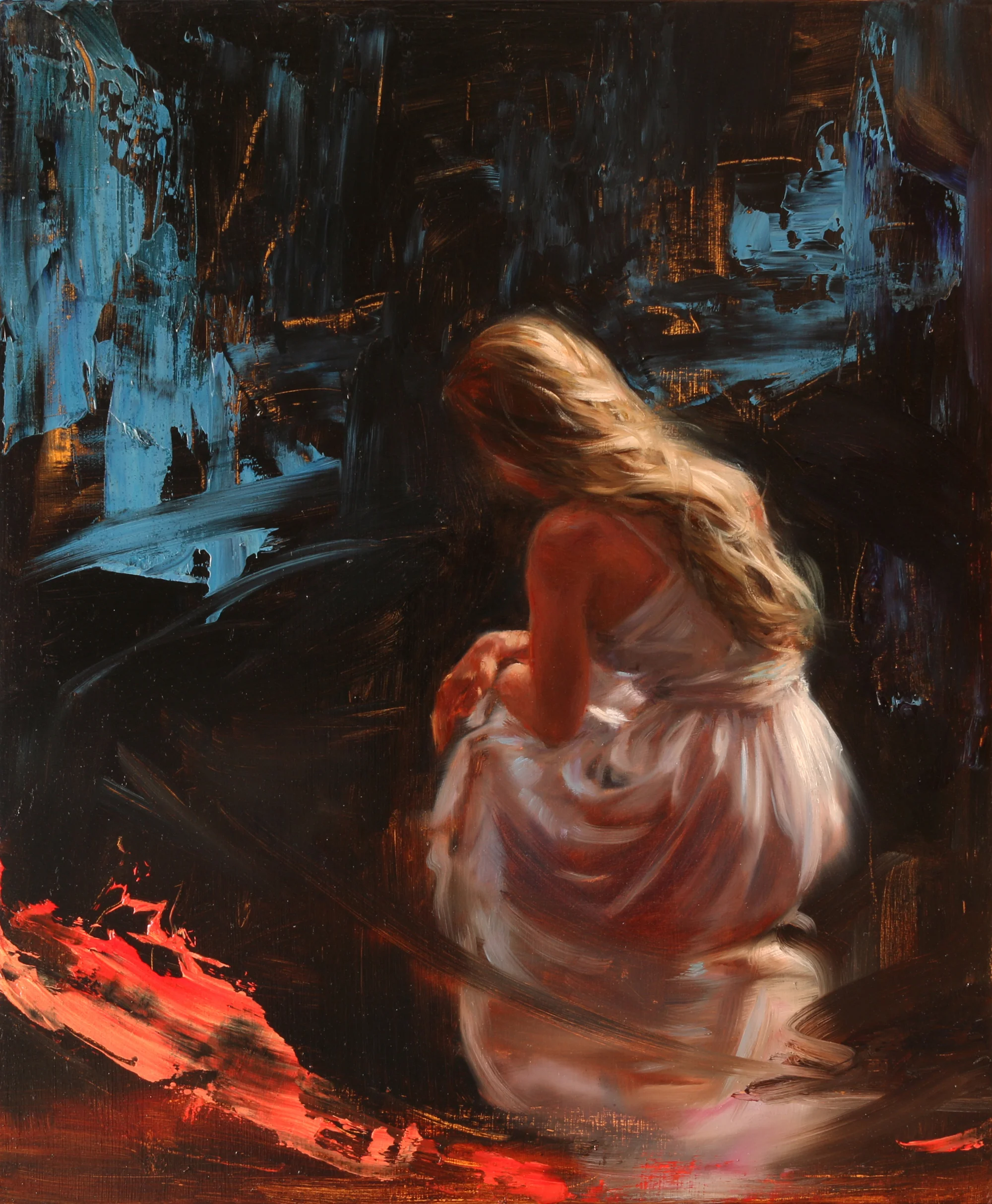 Claire Bridge, Touch the Water, oil on panel, 2018, framed 32 x 27 cm