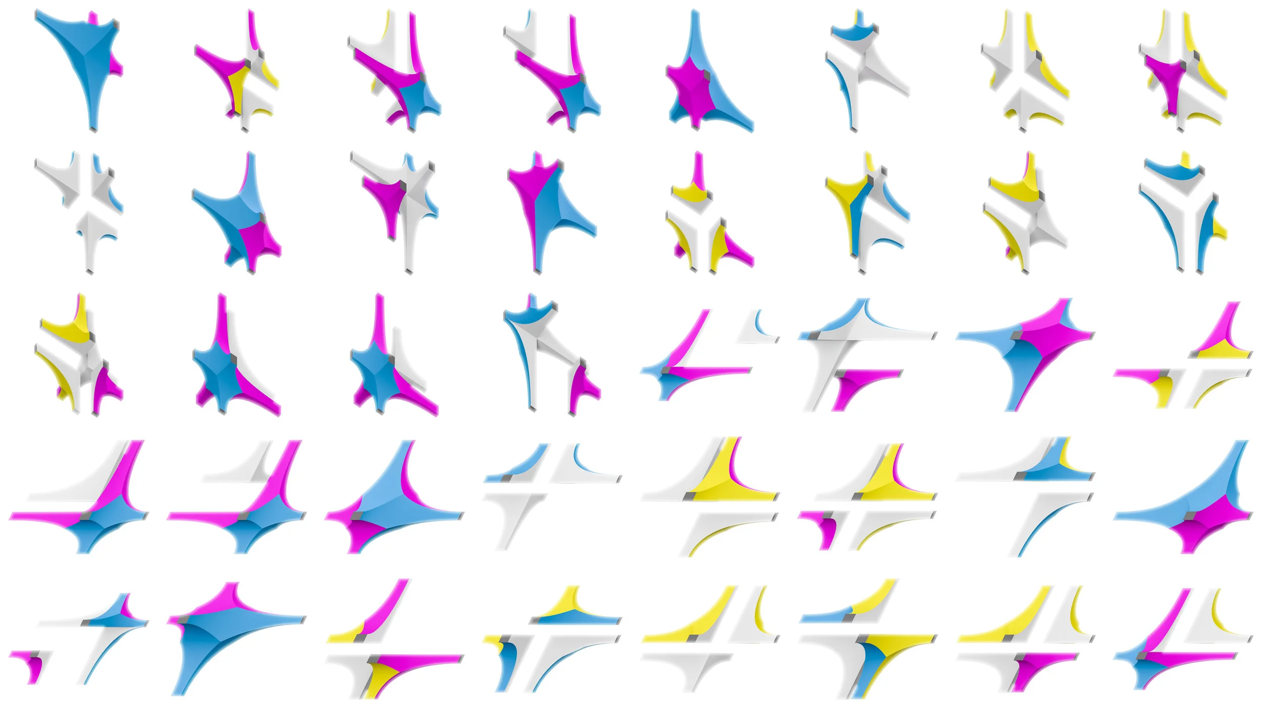 set of freeform joints with coloured surfaces