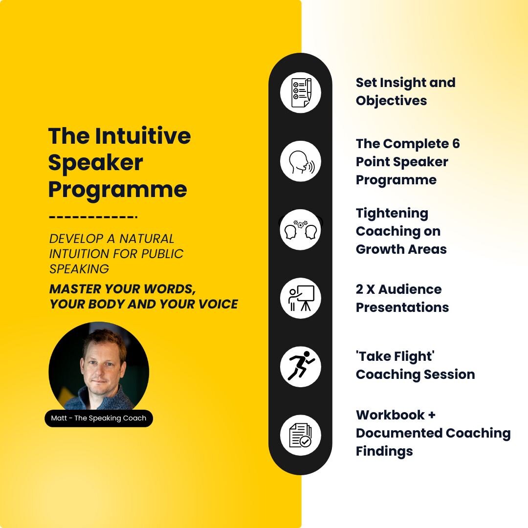 ✈️ Command Your Audience with Confidence. The Intuitive Speaker Programme is tailored for those who demand excellence in every aspect of their public speaking. 

This elite coaching experience will hone your skills for pitches, presentations, and per