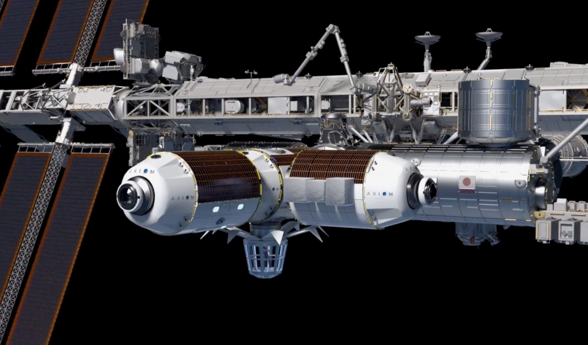 Axiom Space’s first three modules, including the Axiom Earth Observatory, attached to the International Space Station. Image courtesy Axiom Space.