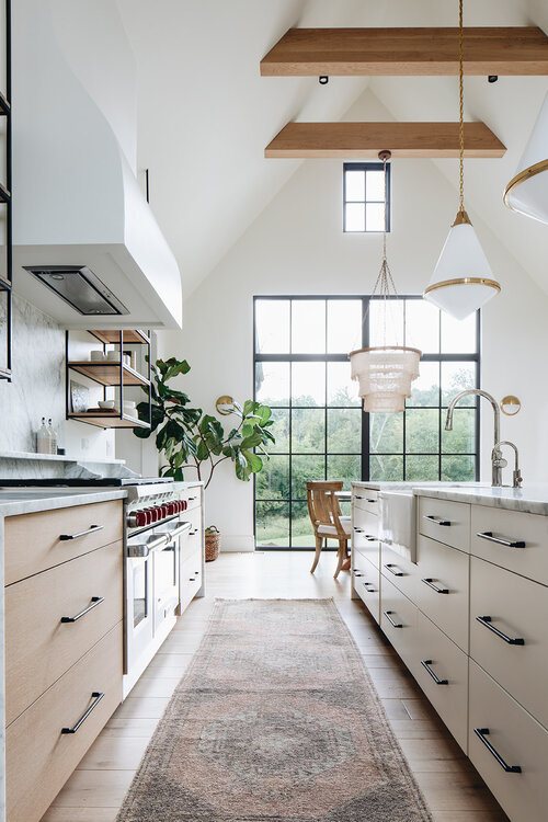 Love this beautiful light and airy kitchen with vaulted beamed ceiling and gorgeous light fixtures - kate marker interiors