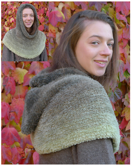 This is another hood, roughly the same size, without cables or lace and knit in bulky yarn.