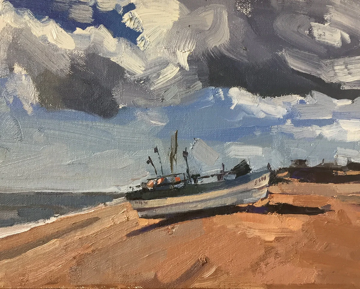 Small Boat, Big Clouds, 2017. Oil on Board